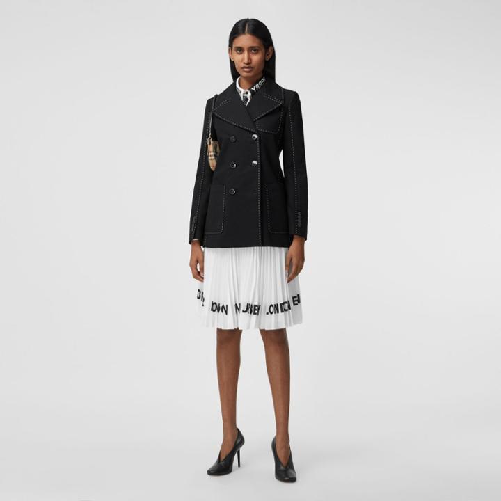 Burberry Burberry Topstitched Cotton Pea Coat, Size: 06, Black