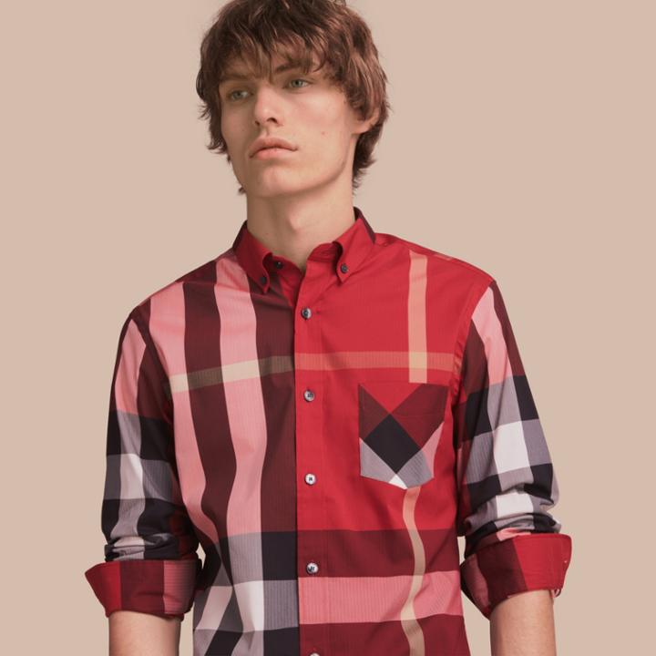 Burberry Burberry Button-down Collar Check Stretch Cotton Blend Shirt, Size: M, Red