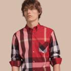 Burberry Burberry Button-down Collar Check Stretch Cotton Blend Shirt, Size: M, Red
