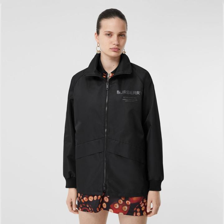 Burberry Burberry Horseferry Print Lightweight Funnel Neck Jacket, Size: 02, Black