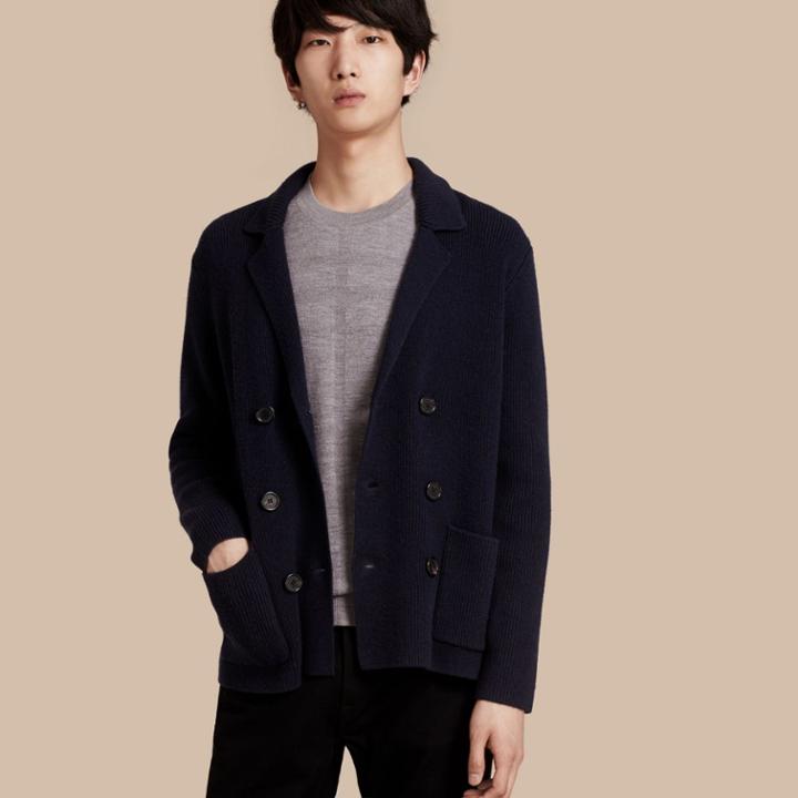 Burberry Burberry Double-breasted Ribbed Wool Cashmere Cardigan, Blue