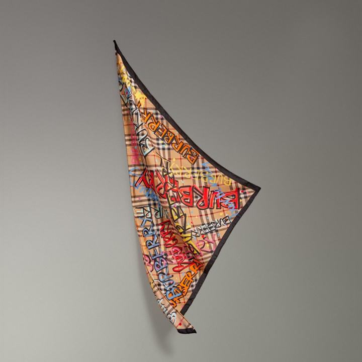Burberry Burberry Graffiti Print Vintage Check Silk Scarf