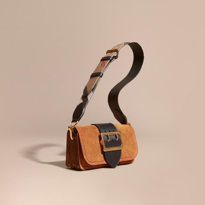 Burberry Burberry The Small Buckle Bag In Suede With Topstitching, Beige