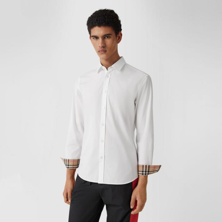 Burberry Burberry Slim Fit Monogram Motif Stretch Cotton Poplin Shirt, White