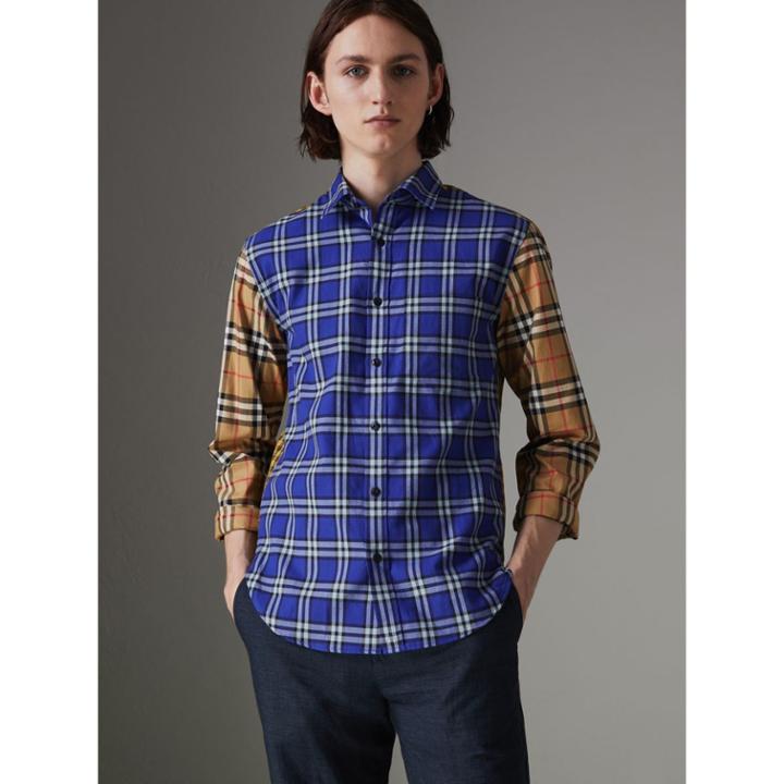 Burberry Burberry Contrast Check Cotton Shirt, Size: M, Blue