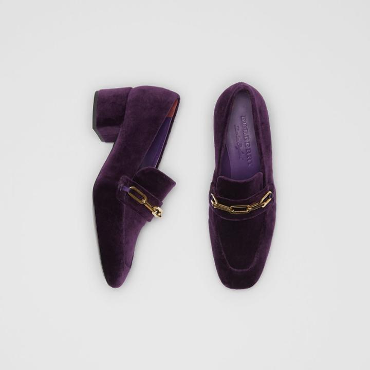 Burberry Burberry Link Detail Velvet Block-heel Loafers, Size: 36, Purple