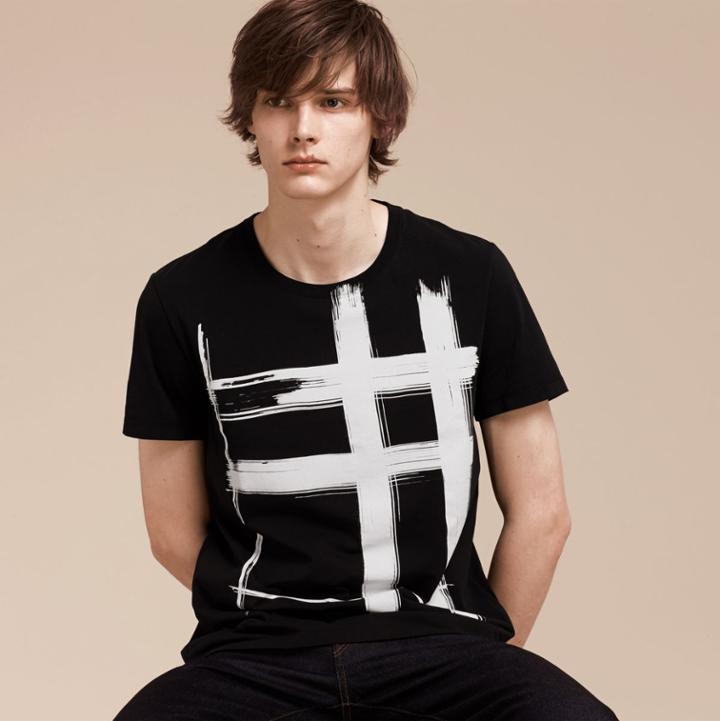 Burberry Burberry Brushstroke Check Print Cotton T-shirt, Size: M, Black