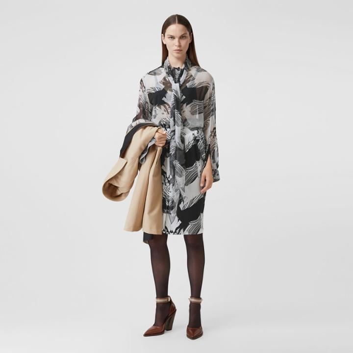 Burberry Burberry Deer Print Silk Chiffon Pussy-bow Blouse, Size: 02, Grey