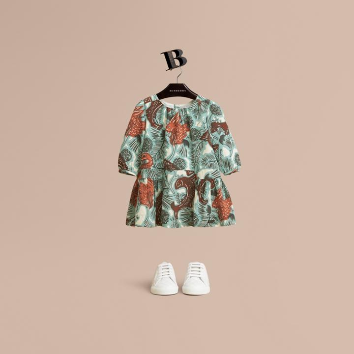 Burberry Burberry Beasts Print Silk Gathered Dress, Size: 2y, Green