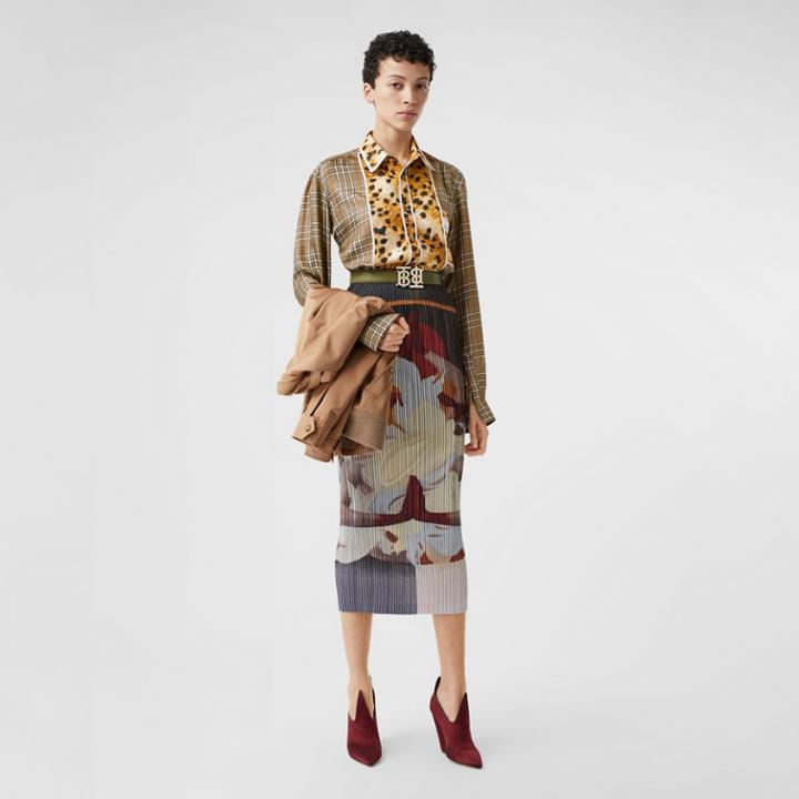 Burberry Burberry Spotted Monkey Print Panel Check Silk Oversized Shirt, Size: 08, Brown