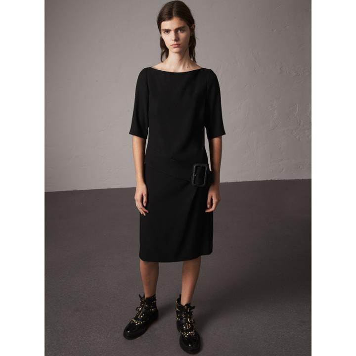 Burberry Burberry Belted Crepe Shift Dress, Size: 10, Black