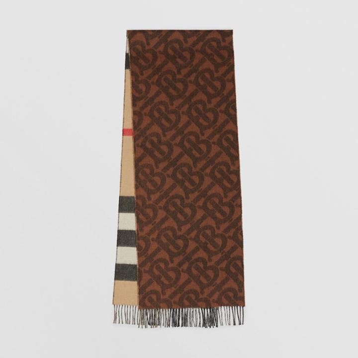 Burberry Burberry Reversible Check And Monogram Cashmere Scarf, Brown