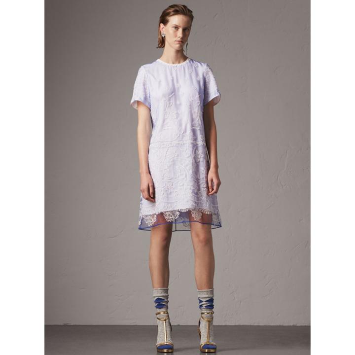 Burberry Burberry Short-sleeve Embroidered Tulle T-shirt Dress, Size: 14, Blue