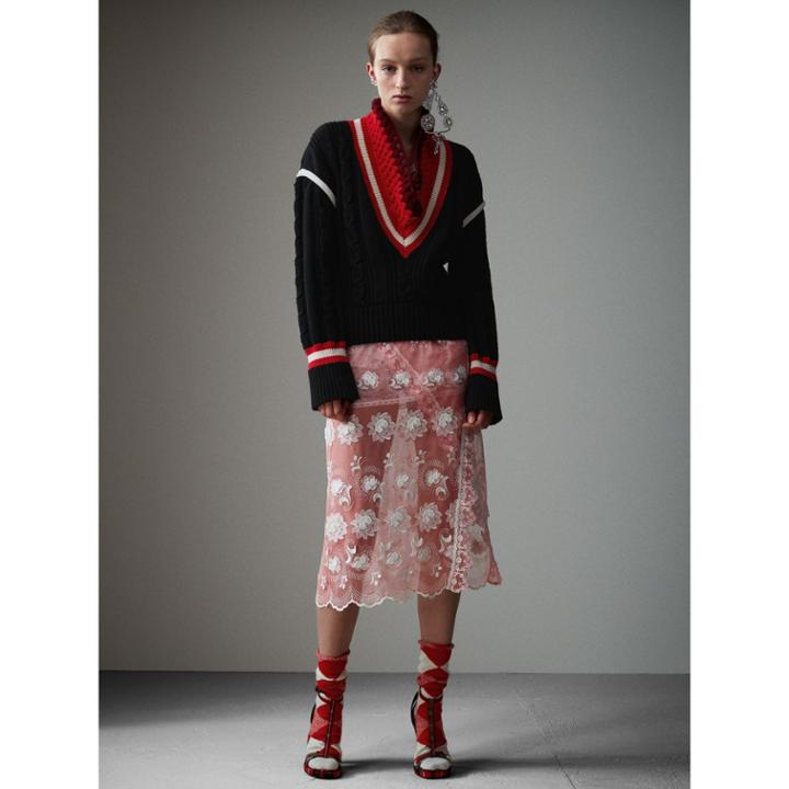 Burberry Burberry Crochet Collar Wool Cashmere Cricket Sweater, Black