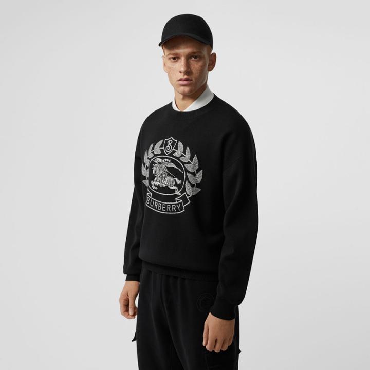 Burberry Burberry Crest Merino Wool Blend Jacquard Sweater, Black