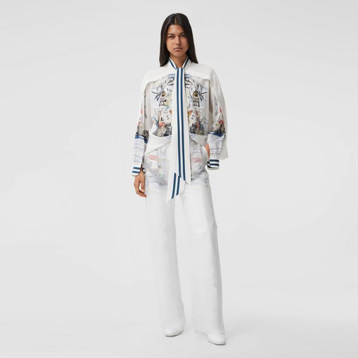 Burberry Burberry Cape Detail Marine Sketch Print Silk Tie-neck Shirt, Size: 02