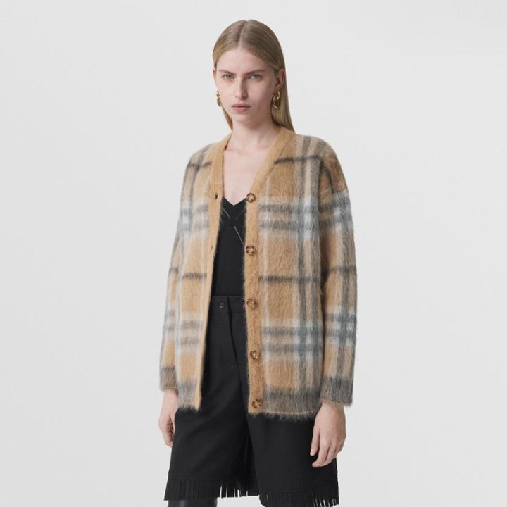 Burberry Burberry Check Mohair Silk Blend Jacquard Cardigan