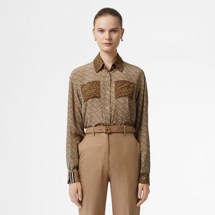 Burberry Burberry Two-tone Monogram Print Silk Shirt, Size: 00, Beige