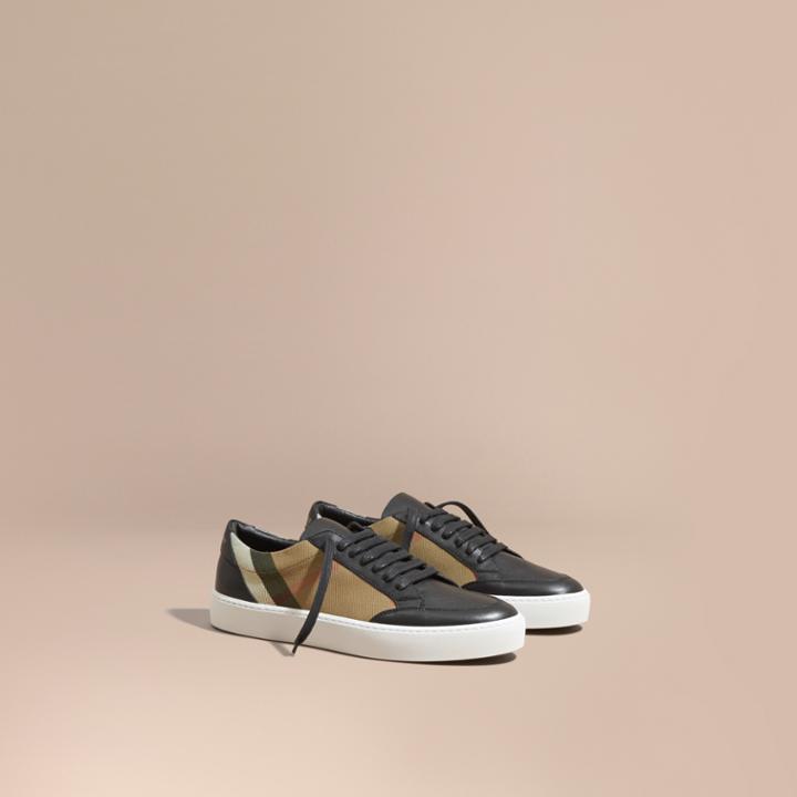 Burberry Burberry Check Detail Leather Trainers, Size: 38, Black