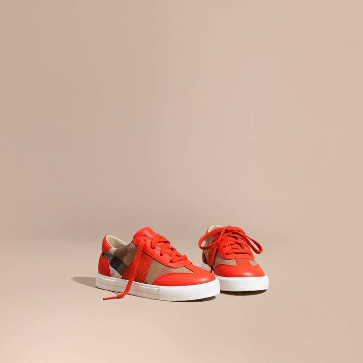 Burberry Burberry House Check And Leather Trainers, Size: 33, Red