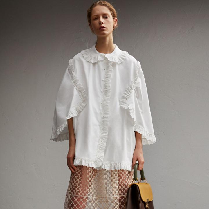Burberry Burberry Broderie Anglaise Ruffle Cotton Poplin Shirt, Size: 10, White