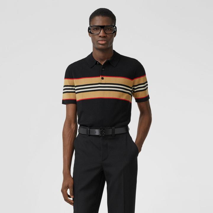 Burberry Burberry Icon Stripe Detail Merino Wool Polo Shirt, Black