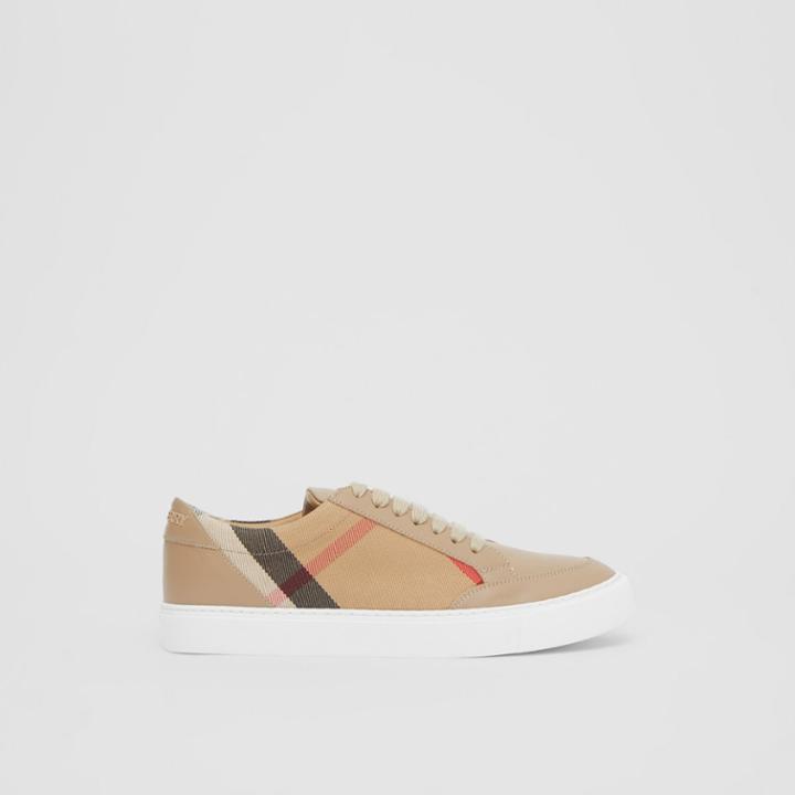 Burberry Burberry House Check And Leather Sneakers, Size: 35, Brown