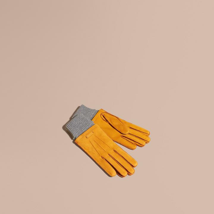 Burberry Burberry Wool Cashmere Ribbed Trim Suede Gloves, Size: 8.5, Yellow