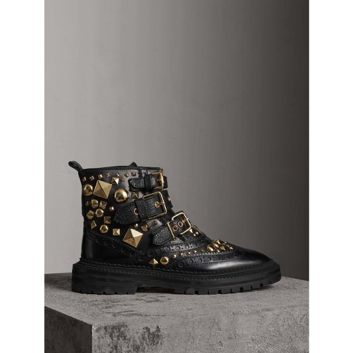 Burberry Burberry Studded Leather Brogue Ankle Boots, Size: 35.5, Black