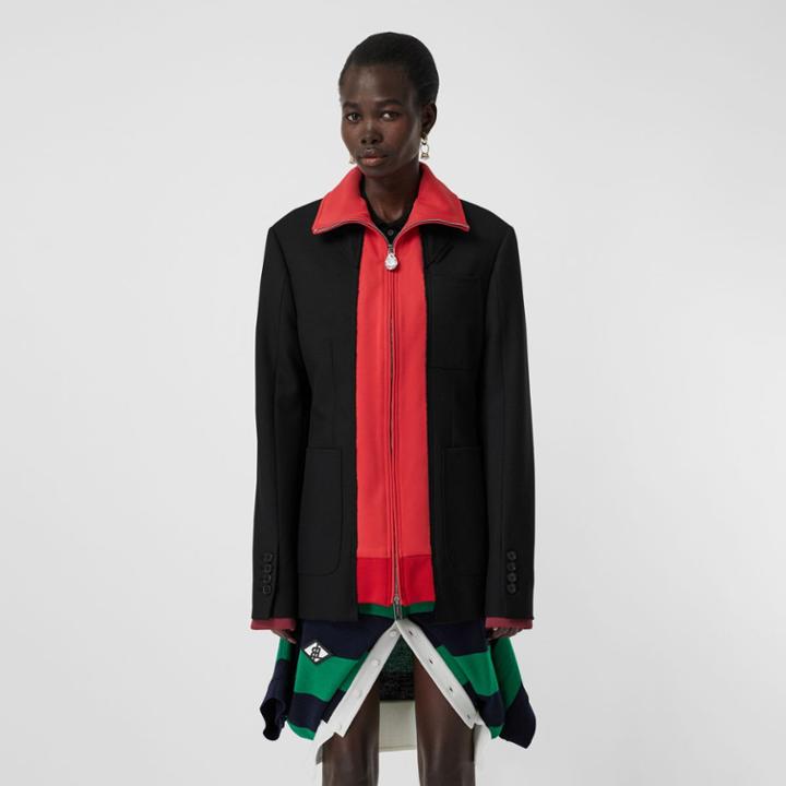 Burberry Burberry Track Top Detail Wool Twill Tailored Jacket, Size: 02, Black