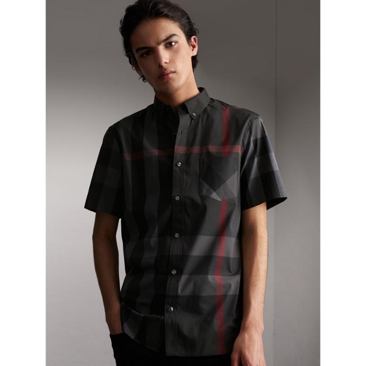 Burberry Burberry Short-sleeve Check Stretch Cotton Blend Shirt, Size: M, Grey