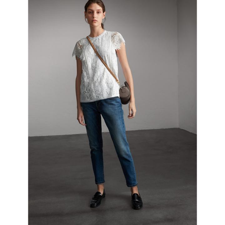 Burberry Burberry Scalloped Cap Sleeve Floral Lace Top, Size: 06, White