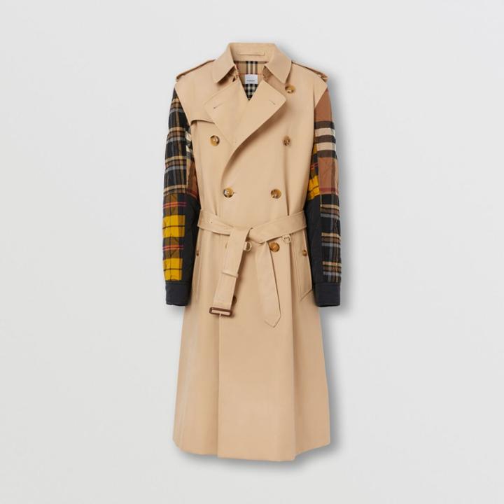 Burberry Burberry Patchwork Check Sleeve Cotton Gabardine Trench Coat, Size: 36