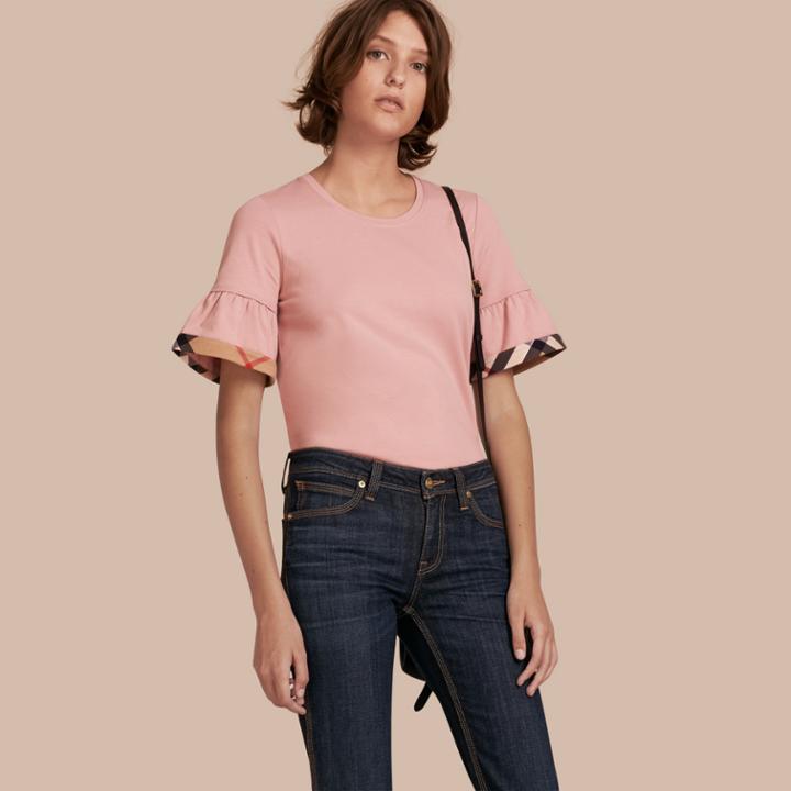 Burberry Burberry Stretch Cotton T-shirt With Check Trim Ruffles, Purple