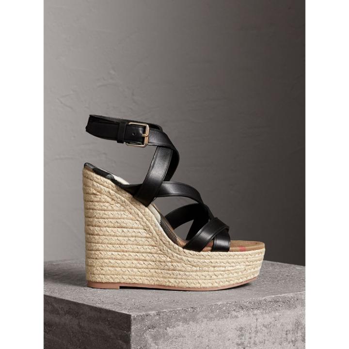 Burberry Burberry Leather Platform Espadrille Wedge Sandals, Size: 38.5, Black