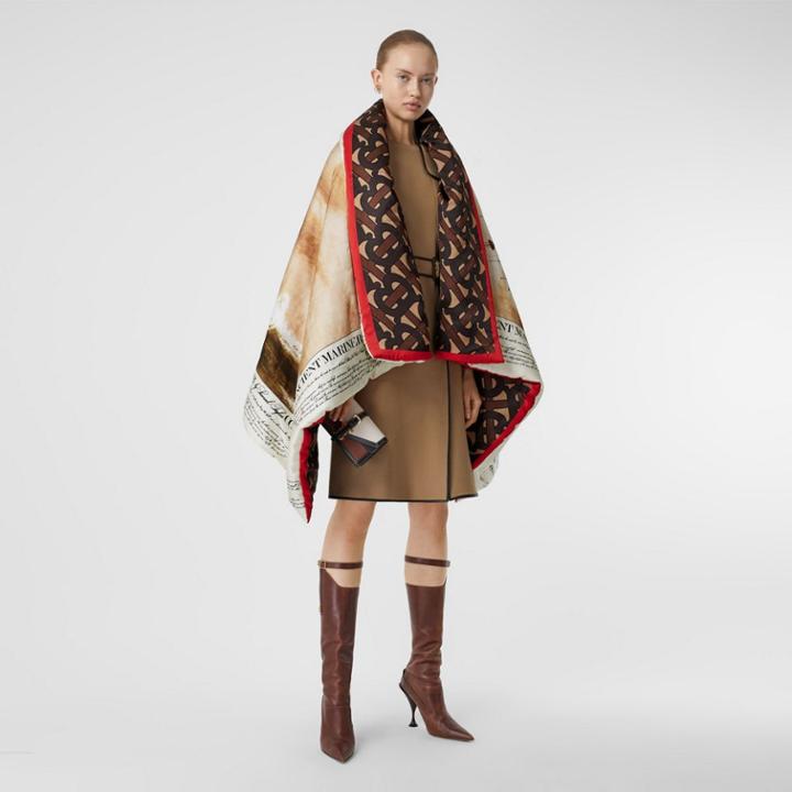 Burberry Burberry Mariner Print Silk Satin Oversized Puffer Cape, Brown