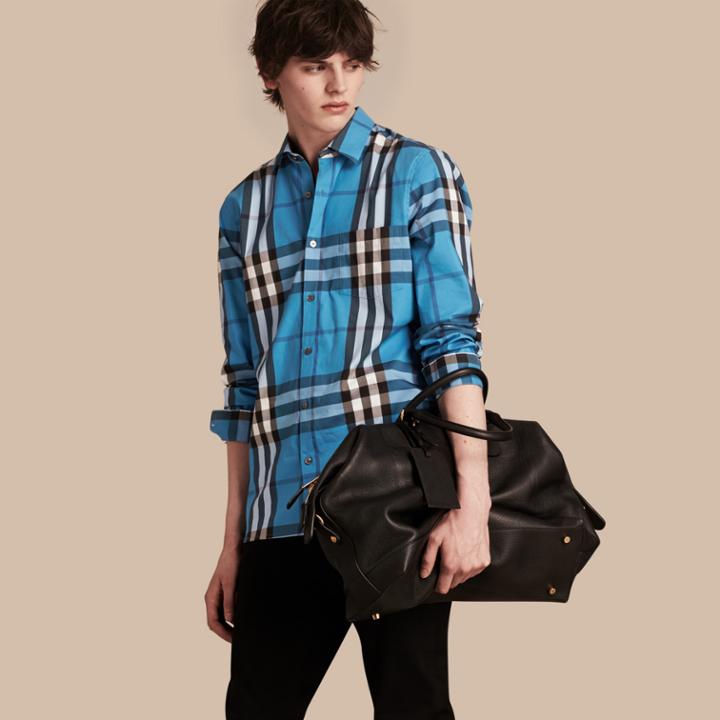 Burberry Burberry Check Stretch Cotton Shirt, Size: L, Blue