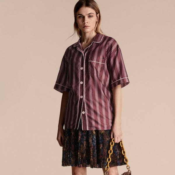 Burberry Short-sleeved Panama Stripe Cotton Silk Shirt