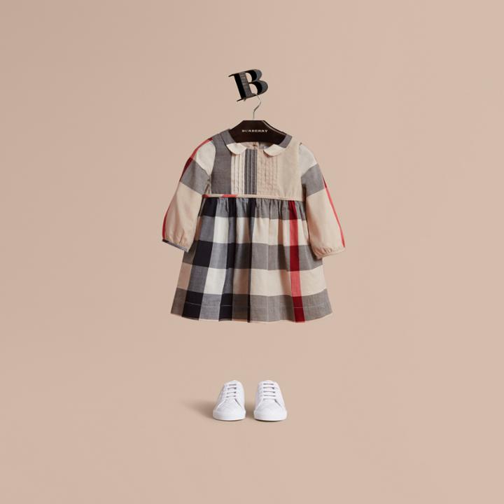 Burberry Burberry Long-sleeve Check Pintuck Bib Cotton Dress, Size: 3y, Beige