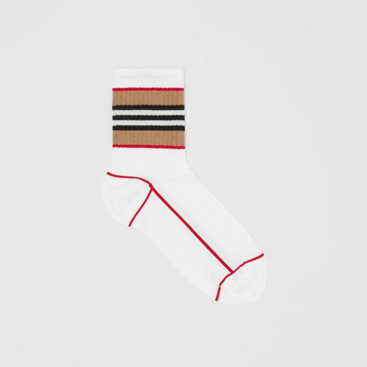 Burberry Burberry Icon Stripe Intarsia Cotton Blend Ankle Socks, Size: M, White