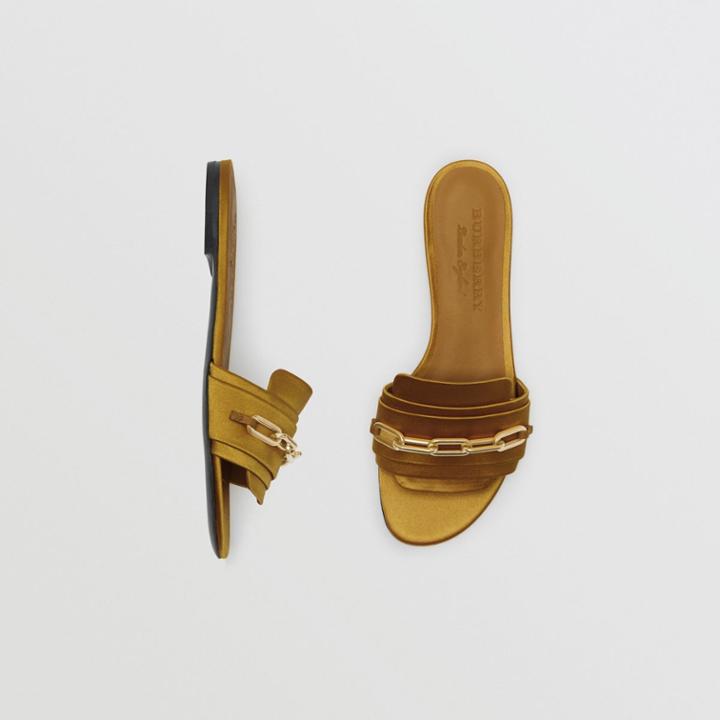 Burberry Burberry Link Detail Satin And Leather Slides, Size: 37, Yellow
