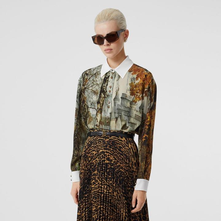 Burberry Burberry Castle Print Silk Shirt, Size: 10, Beige