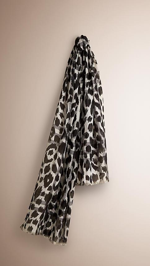 Burberry Animal Print And Check Wool Silk Scarf