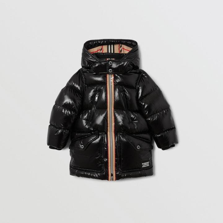Burberry Burberry Childrens Icon Stripe Trim Hooded Puffer Coat, Size: 14y, Black