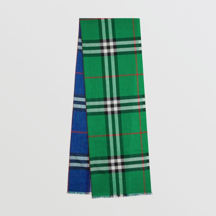 Burberry Burberry Colour Block Check Wool Silk Scarf, Blue