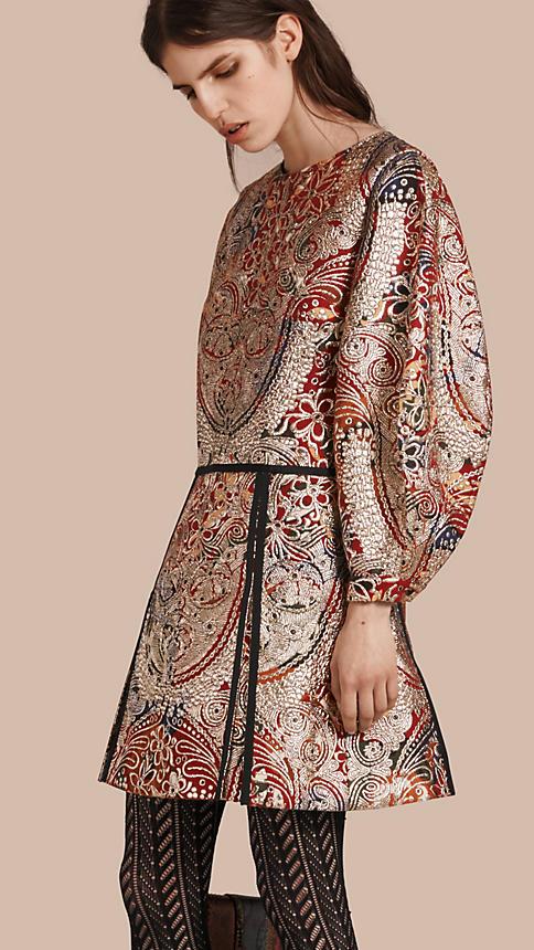 Burberry Metallic Floral Jacquard Sculptured Sleeve Dress