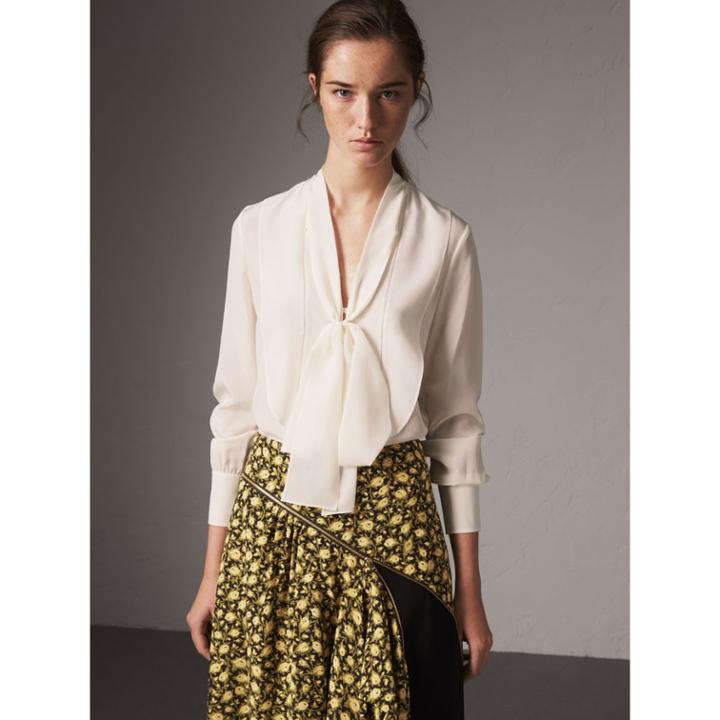 Burberry Burberry Tie-neck Bib Detail Silk Tunic, Size: 04, White