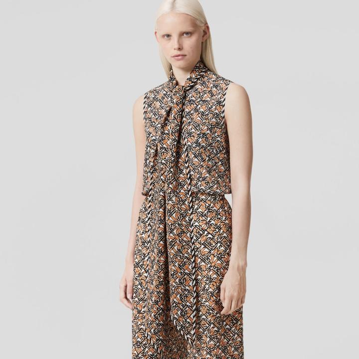 Burberry Burberry Sleeveless Monogram Print Silk Pussy-bow Blouse, Size: 0