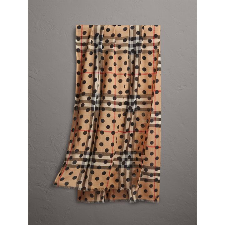 Burberry Burberry Spot Print And Check Lightweight Wool Silk Scarf, Black