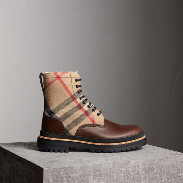 Burberry Burberry Shearling-lined Leather And Check Boots, Size: 39.5, Beige